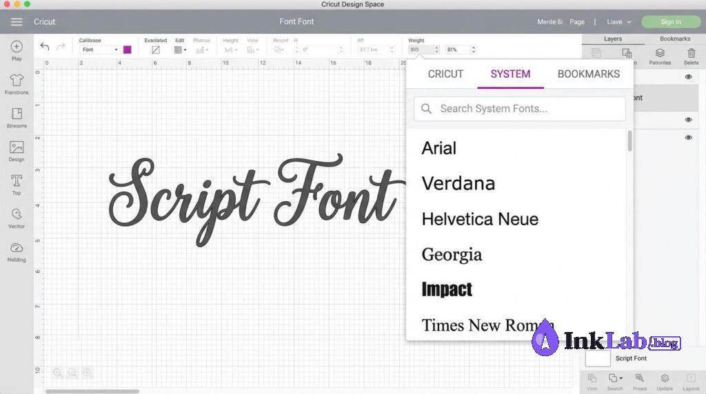Cricut Design Space font selector with System Fonts tab highlighted