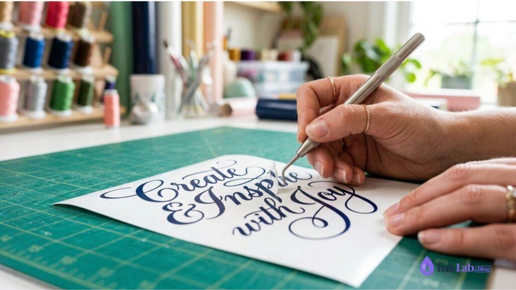 Weeding intricate vinyl script font decal with hook tool on Cricut cutting mat
