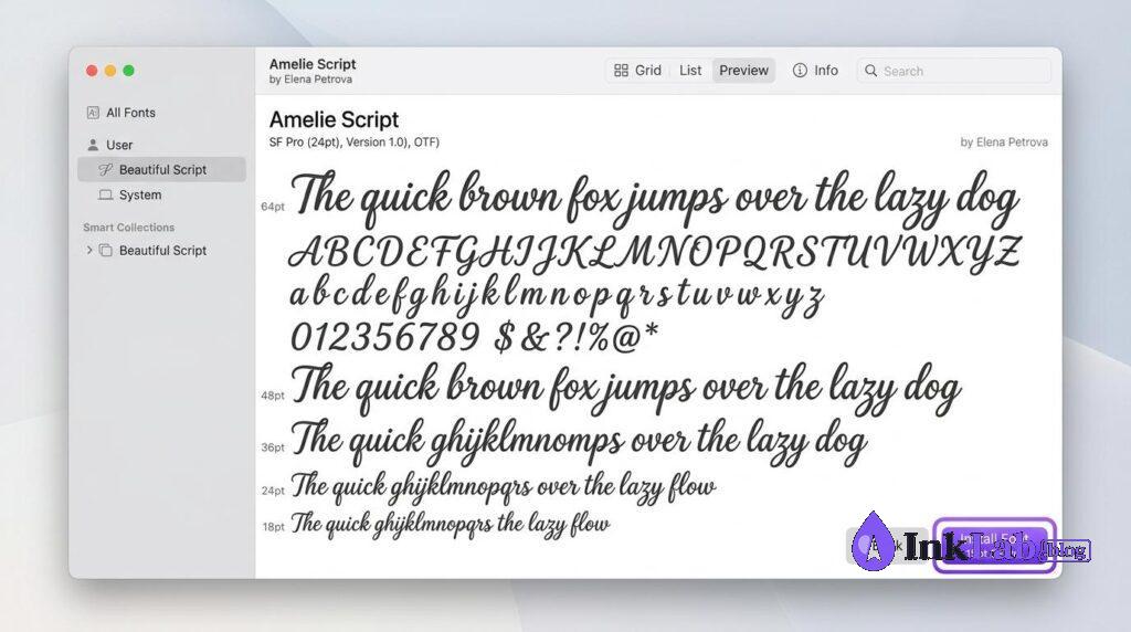 macOS Font Book preview window with Install Font button highlighted