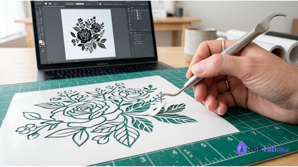 Weeding intricate floral SVG vinyl decal on cutting mat with craft tool