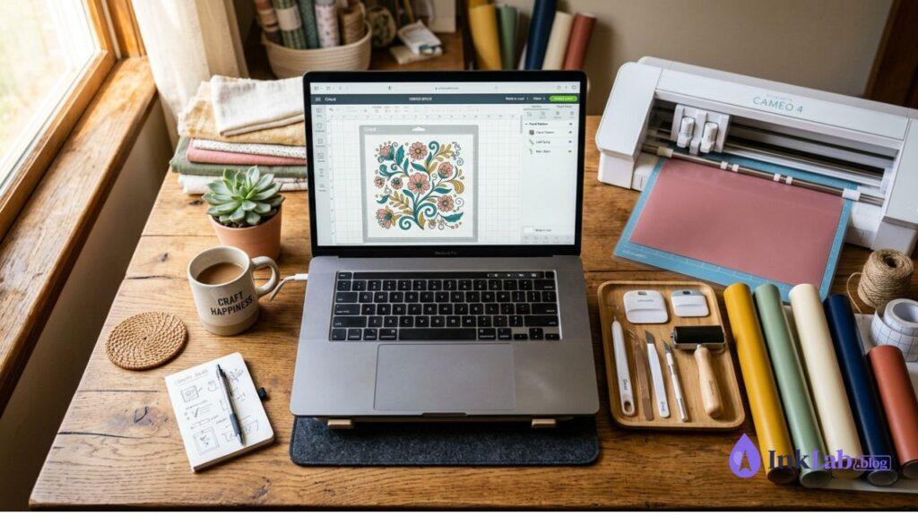Cricut workspace setup with laptop showing SVG design and cutting machine on wooden desk