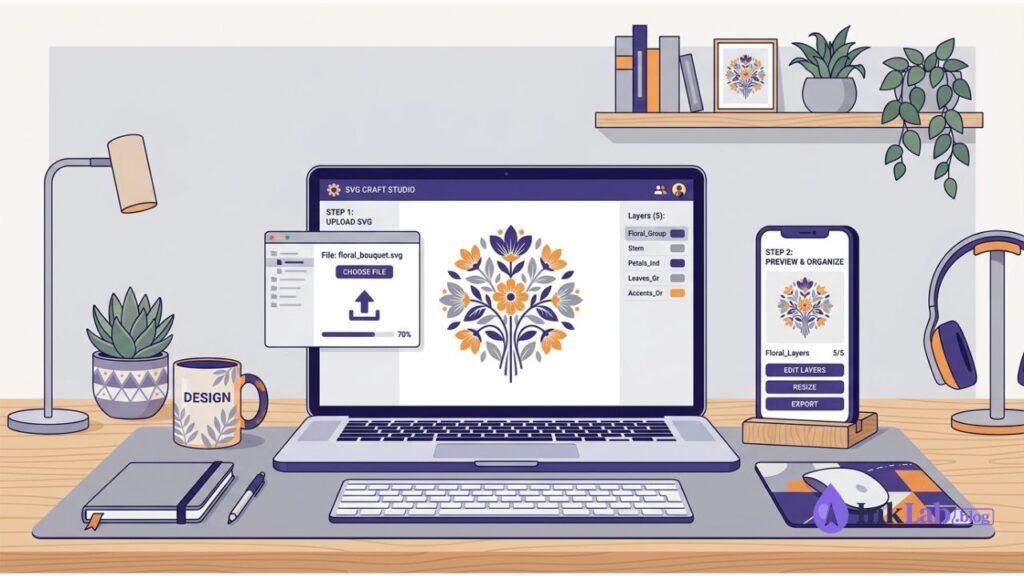 Flat vector illustration showing SVG file upload interface on laptop and smartphone screen