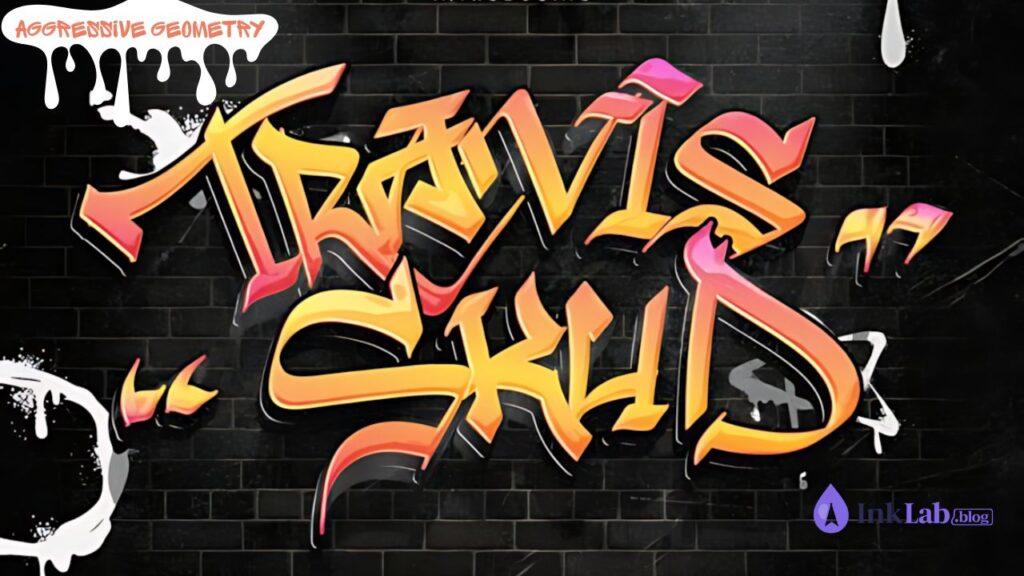 Travis Skud Font — sharp geometric wildstyle graffiti font preview for dark streetwear hoodies