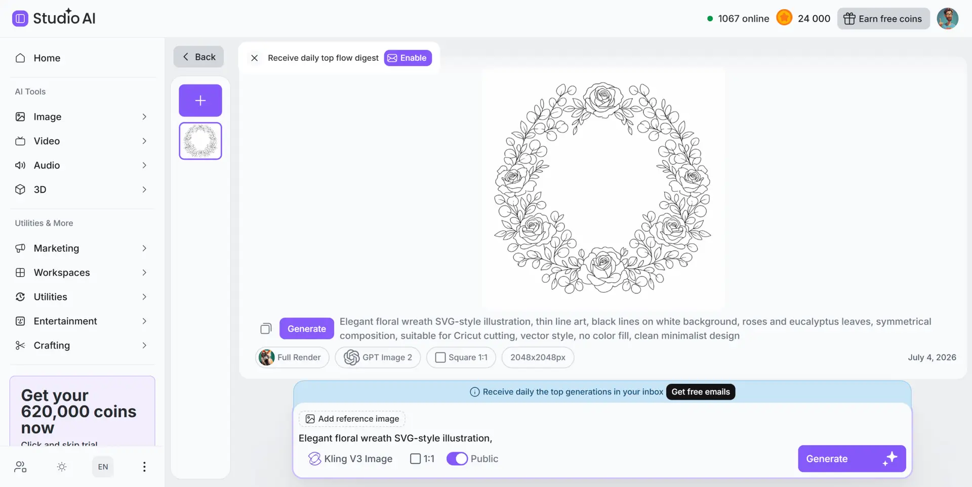 CF AI Studio Image Generator — floral wreath SVG-style result for Cricut, generated with Kling V3