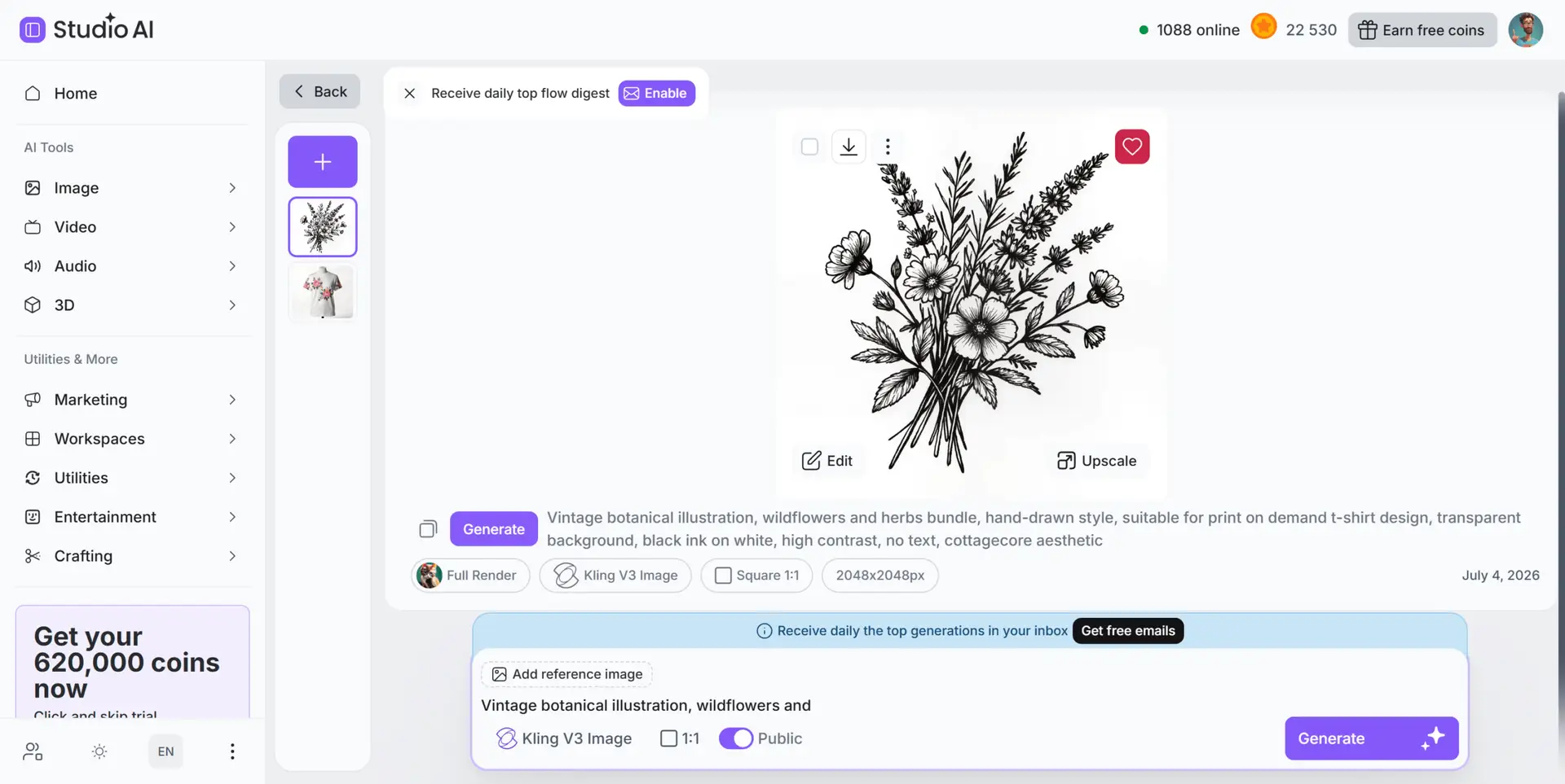 CF AI Studio Image Generator — vintage botanical illustration for POD t-shirt design, generated with Kling V3