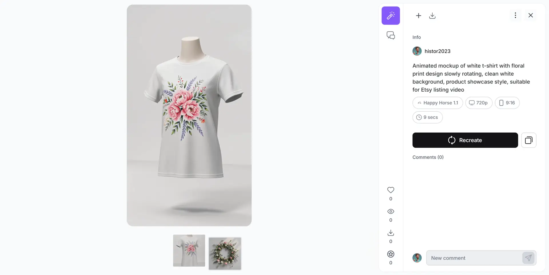 CF AI Studio Video Generator — animated floral wreath and t-shirt mockup videos generated with Happy Horse 1.1