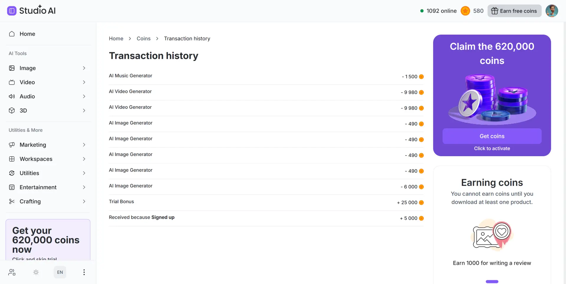 CF AI Studio transaction history showing real coin costs — Image Generator 490 coins, Video Generator 9980 coins, Music 1500 coins