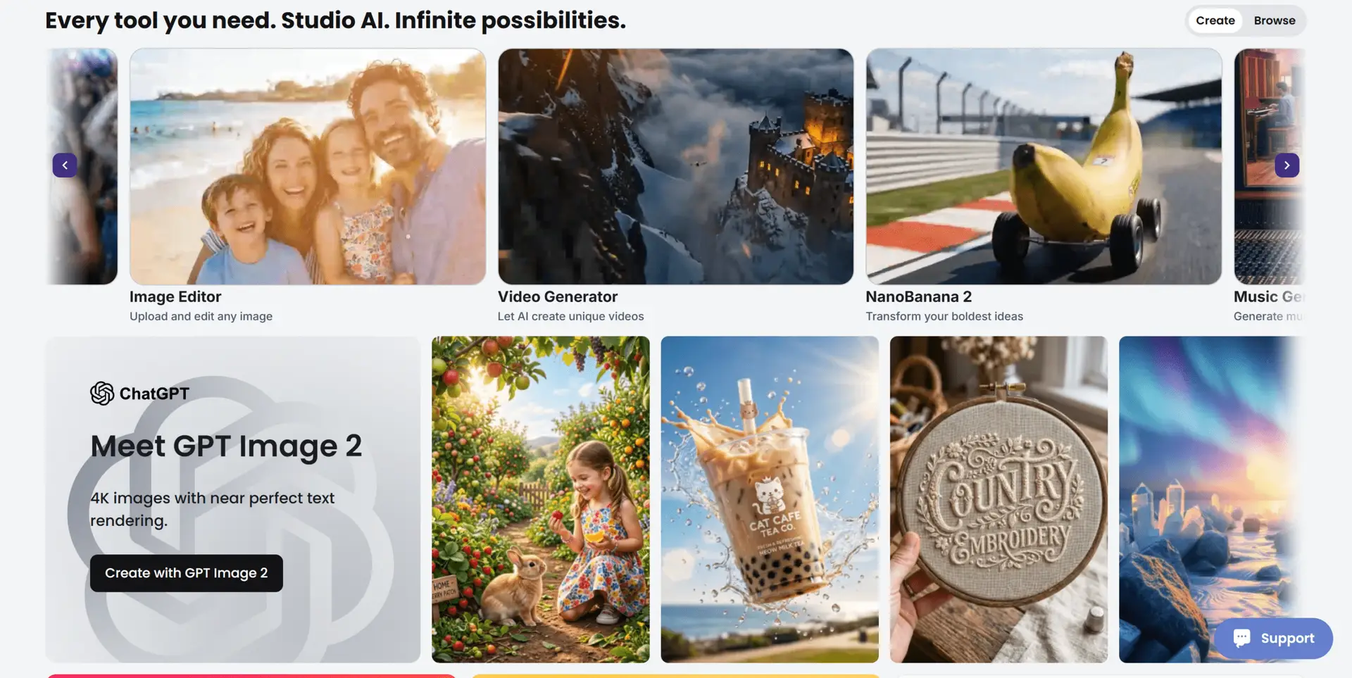 Creative Fabrica AI Studio overview — Image Editor, Video Generator, NanoBanana 2, Music Generator and more
