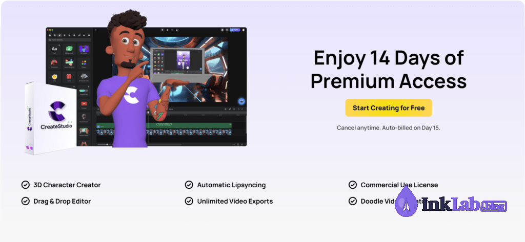 Create Studio 14-day free trial promo banner featuring 3D animated character editor interface mockup, and core feature list