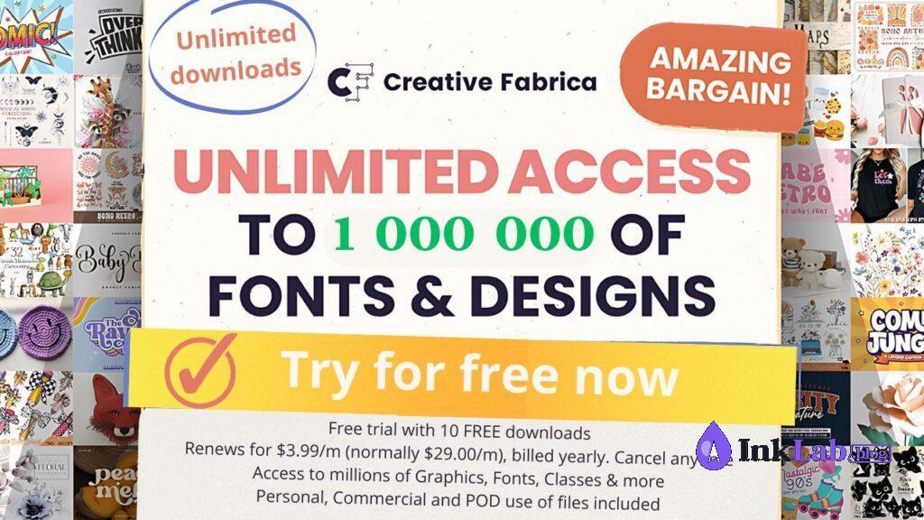 Creative Fabrica freebies page showing commercial use SVG cut files and fonts for craft projects.