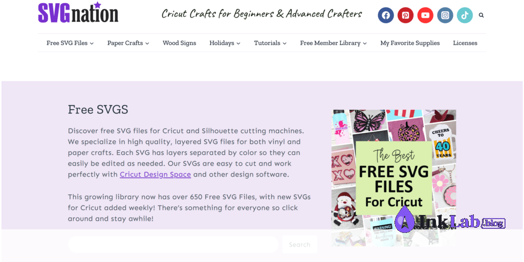 SVG Nation homepage featuring free Cricut SVG files, tutorials, and craft cutting resources.