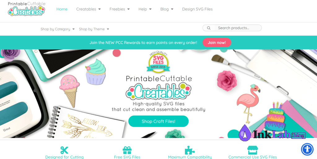 Printable Cuttable Creatables website interface with free SVG cut files and vinyl designs.