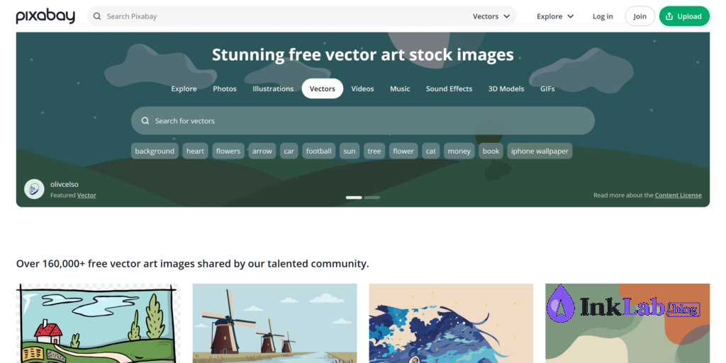 Pixabay vector search page showcasing free downloadable SVG graphics for commercial use.