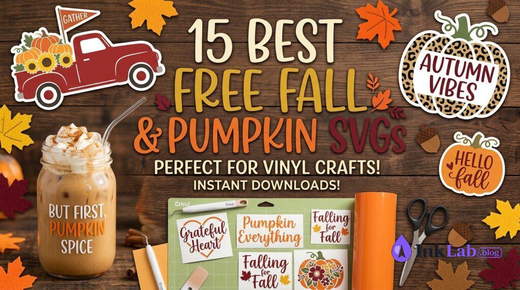 15 best free fall and pumpkin svgs bundle collage with iced pumpkin spice latte cricut mat and vinyl crafts