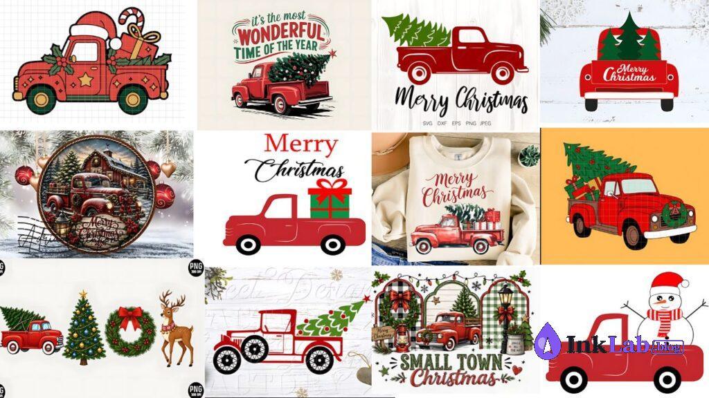 vintage red truck with christmas tree free svg cut file