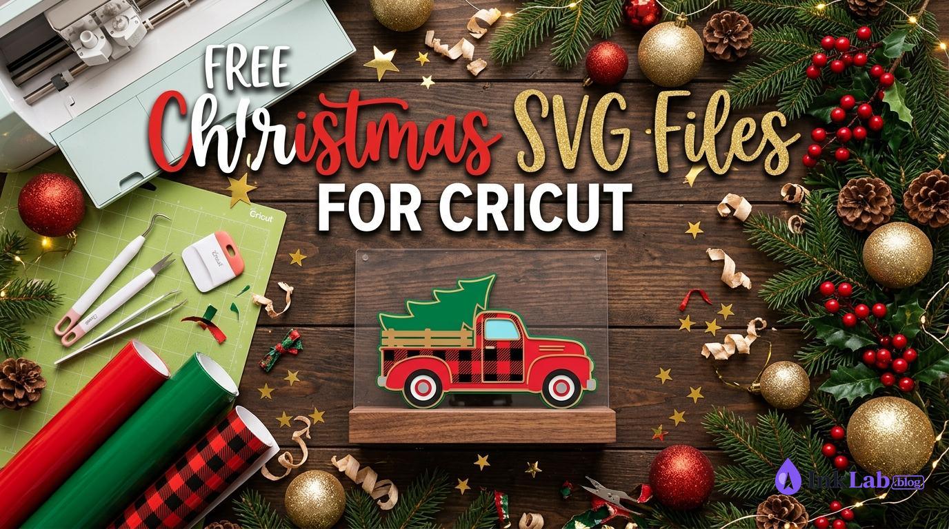 12 free christmas svg files for cricut and silhouette holiday crafts collage with vintage red truck and craft tools